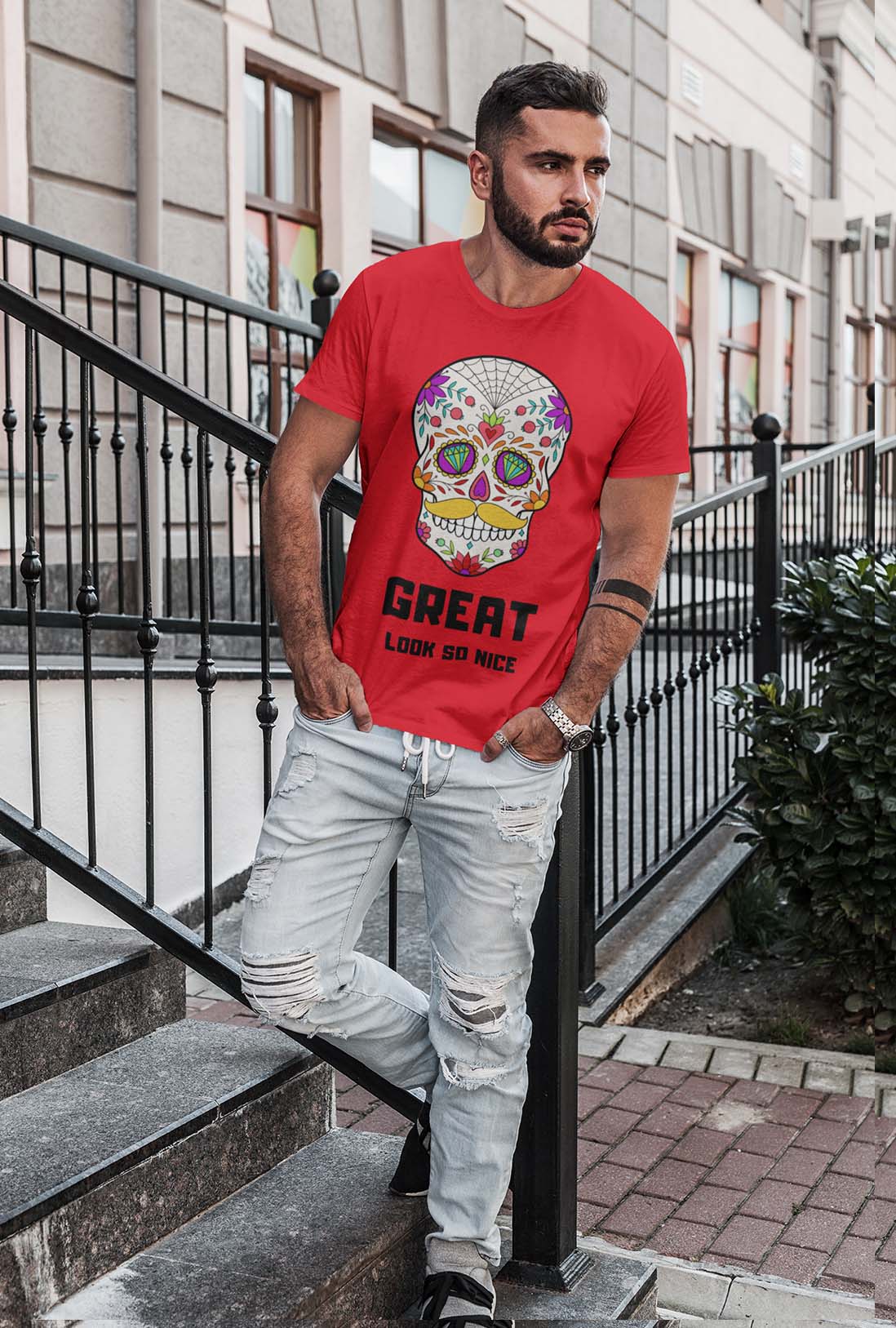 Sugar Skull Men's Scarlet Red Cotton T-Shirt