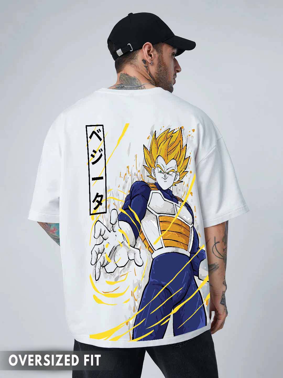 Goku Vegeta Drop shoulder White Oversized Cotton T-Shirt – THE
