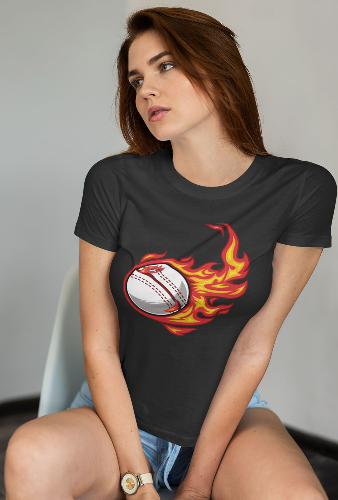 Cricket Ball On Fire Women's Cotton T-Shirt