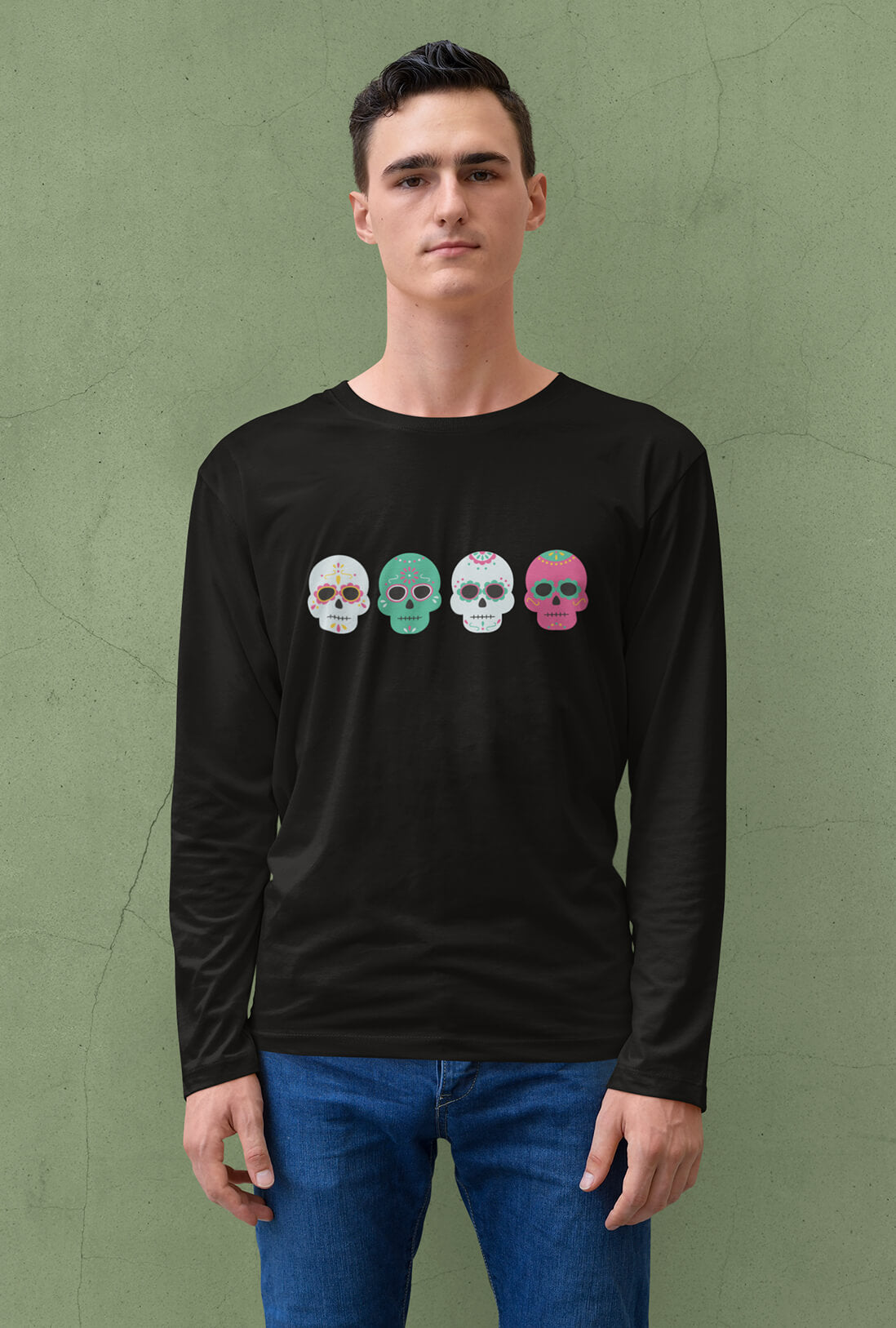 Four Colorful Skulls Men's Full Sleeve Cotton T-Shirt
