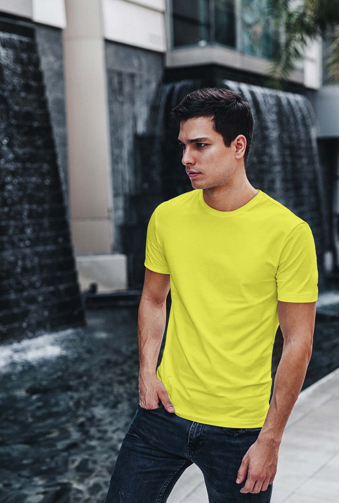 Men's Plain Light Lemon Yellow Cotton T-Shirt