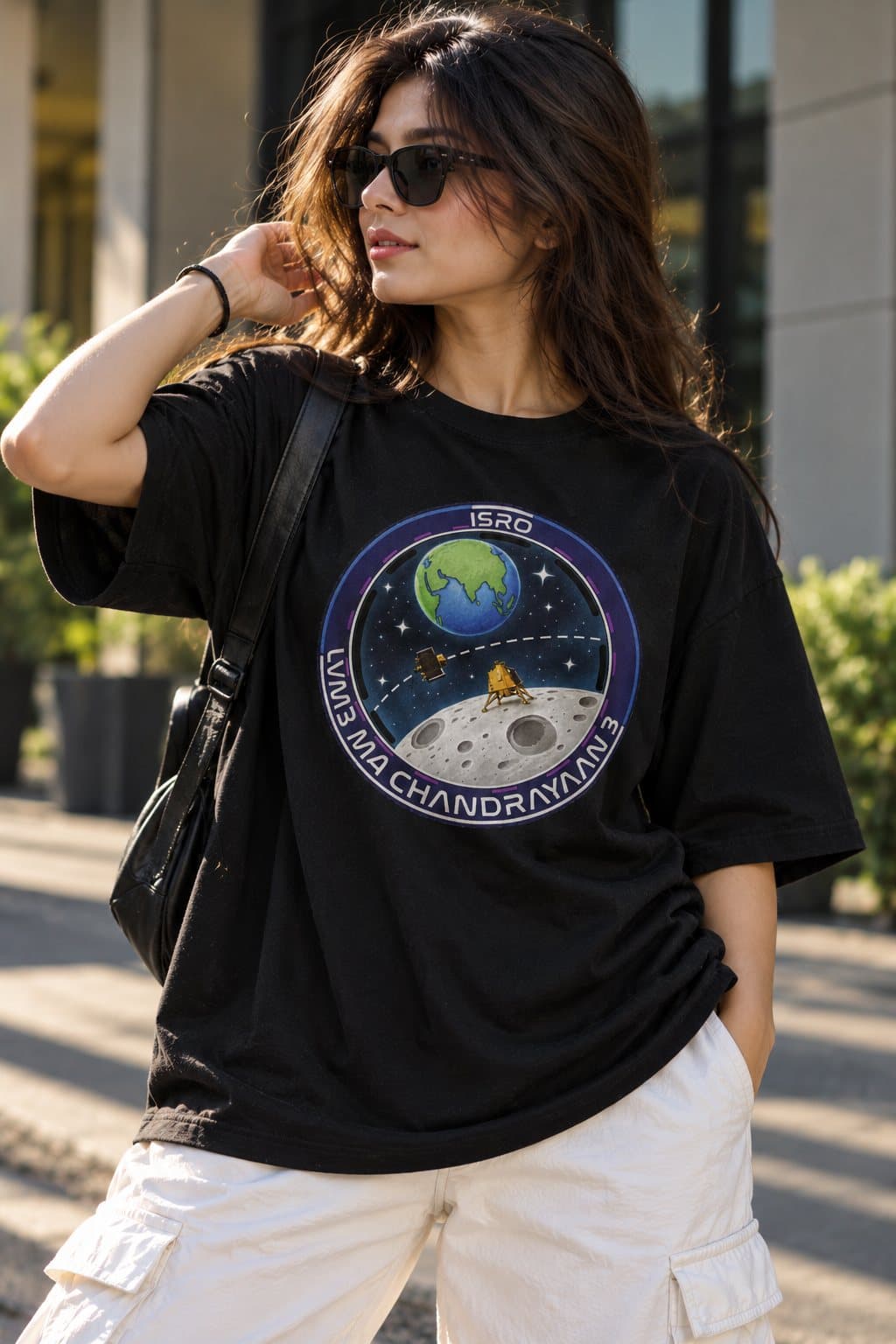 Chandrayaan Moon Mission Women's Black Oversized T-Shirt