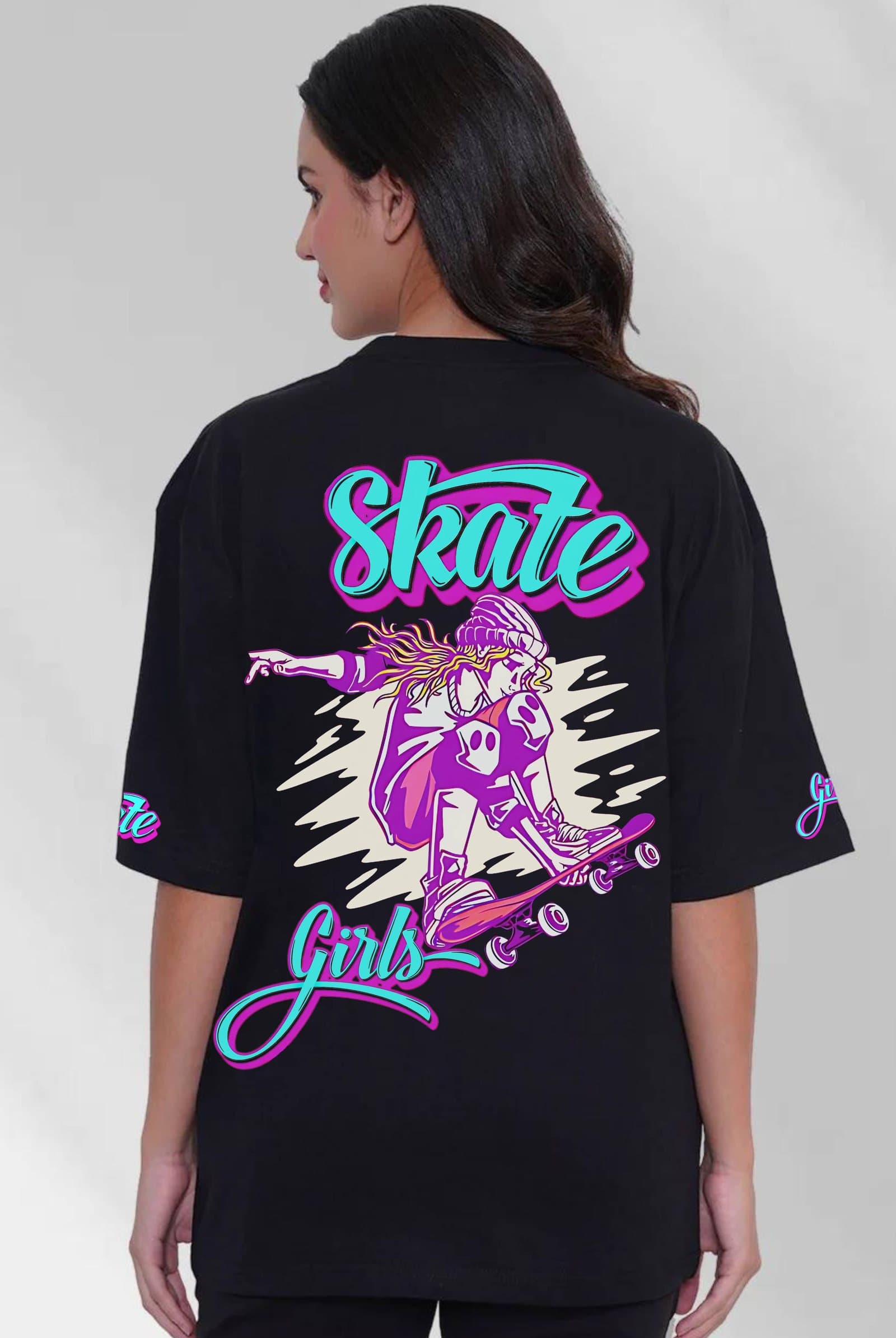 Back view of a black oversized t-shirt showing the dropped shoulders and relaxed fit