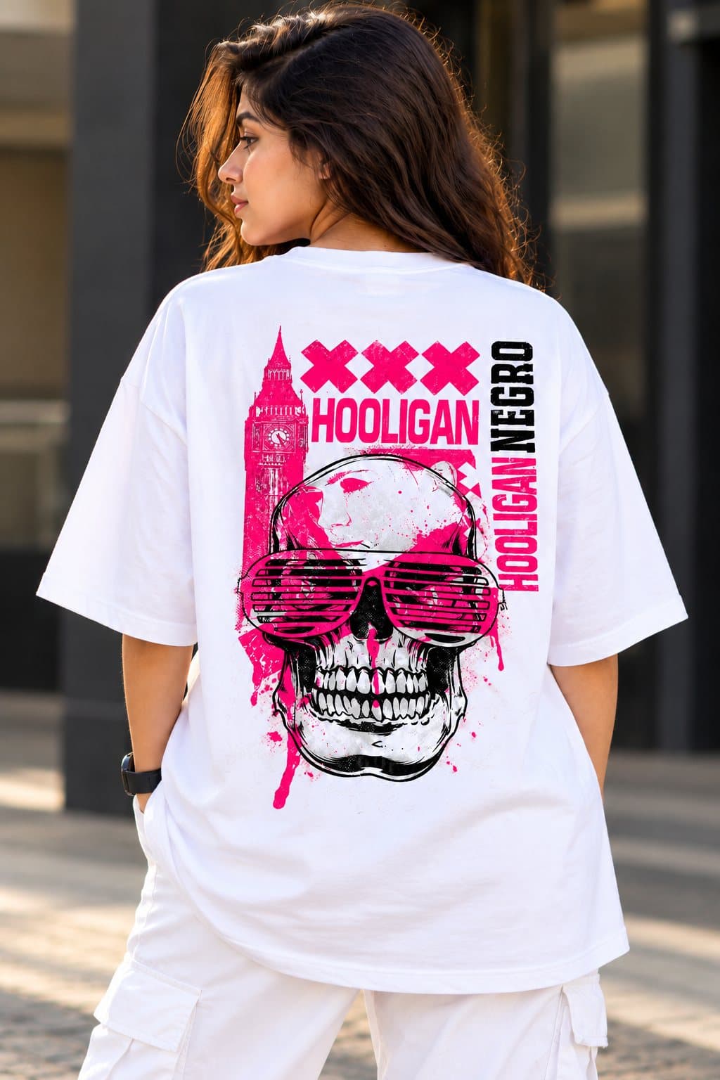 Hooligan Pink Skull Women's Oversized Streetwear T-Shirt - photo 3 of 4