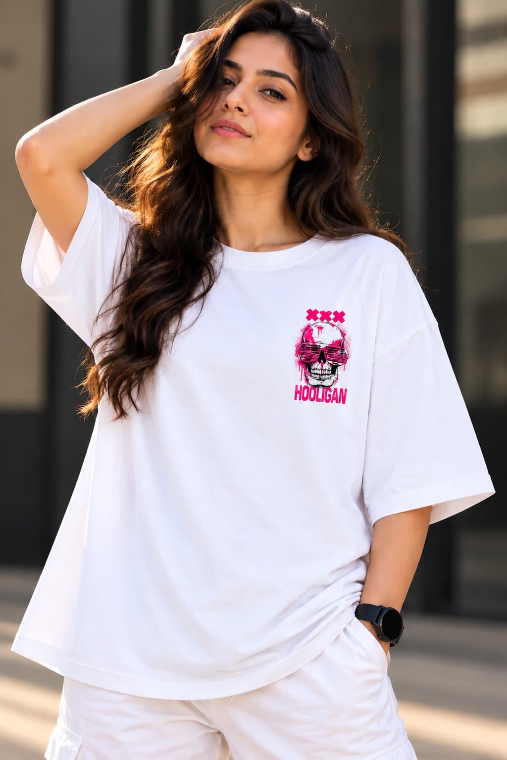 Hooligan Pink Skull Women's Oversized Streetwear T-Shirt - photo 4 of 4