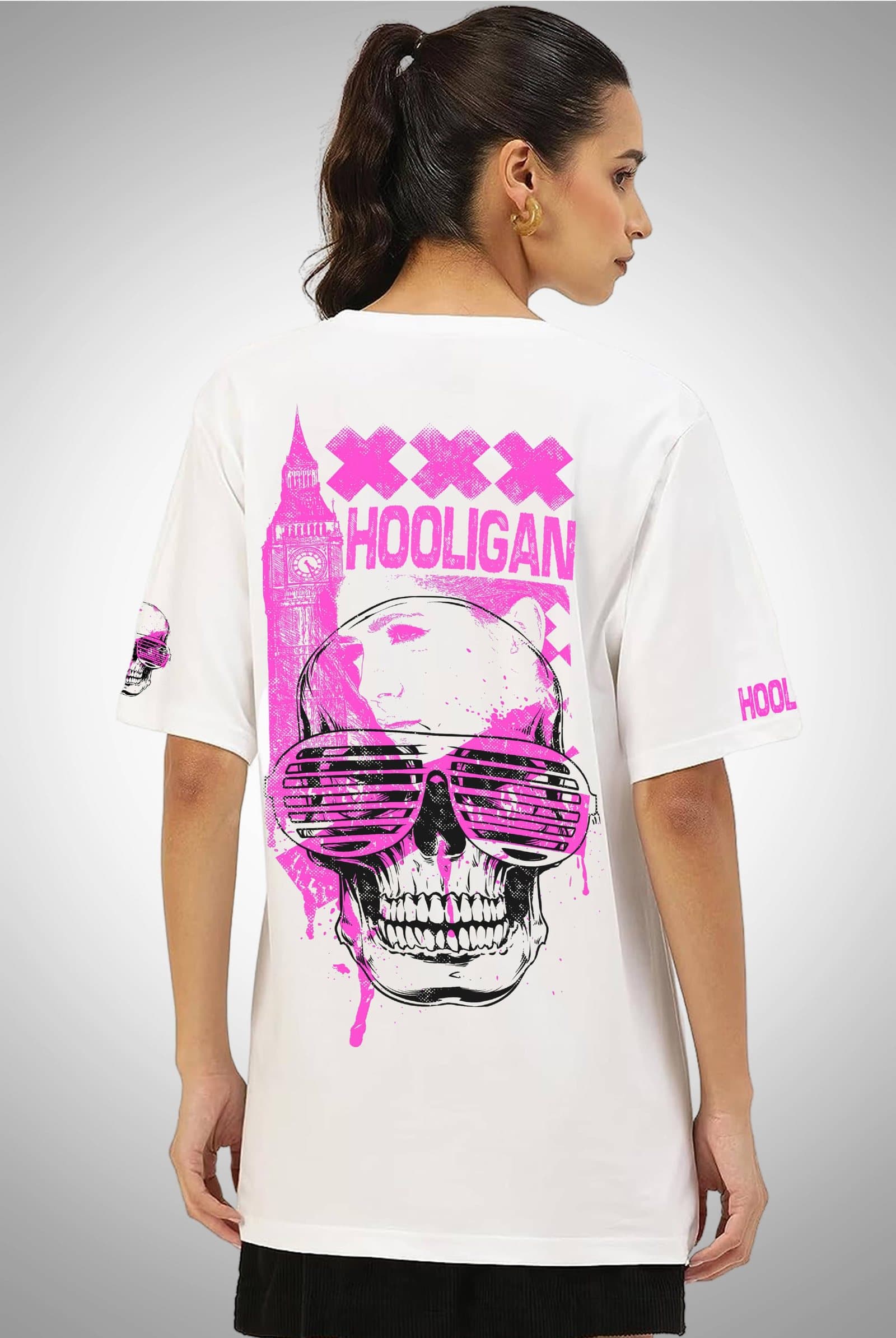 Hooligan Skull Women's White Oversized Streetwear T-Shirt