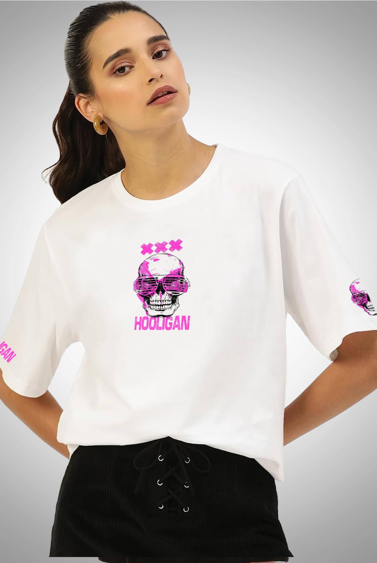 Hooligan Skull Women's White Oversized Streetwear T-Shirt - photo 2 of 2