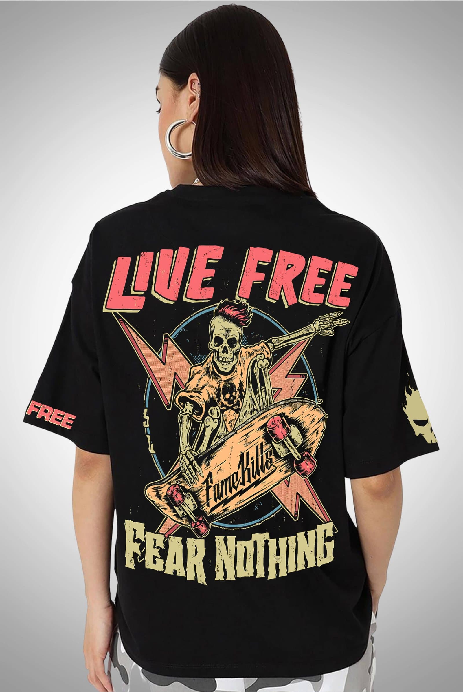 Live Free Fear Nothing Women's Black Oversized Streetwear T-Shirt