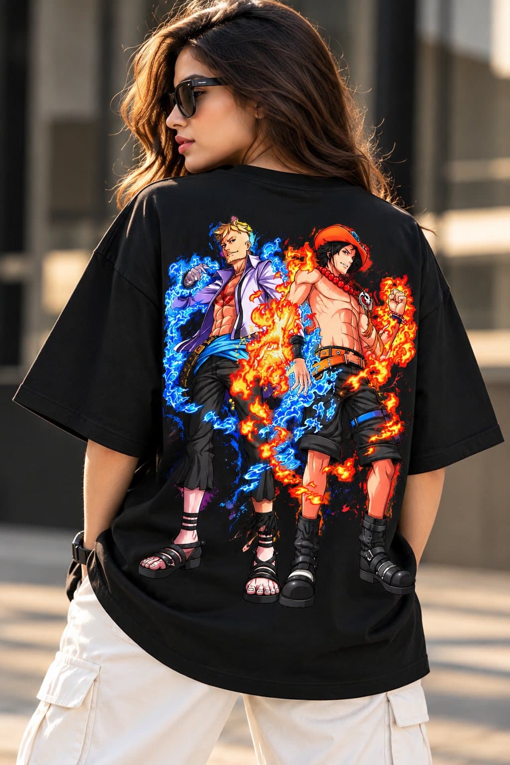 Black oversized t-shirt with Ace and Sabo from One Piece in orange and blue flames on the back