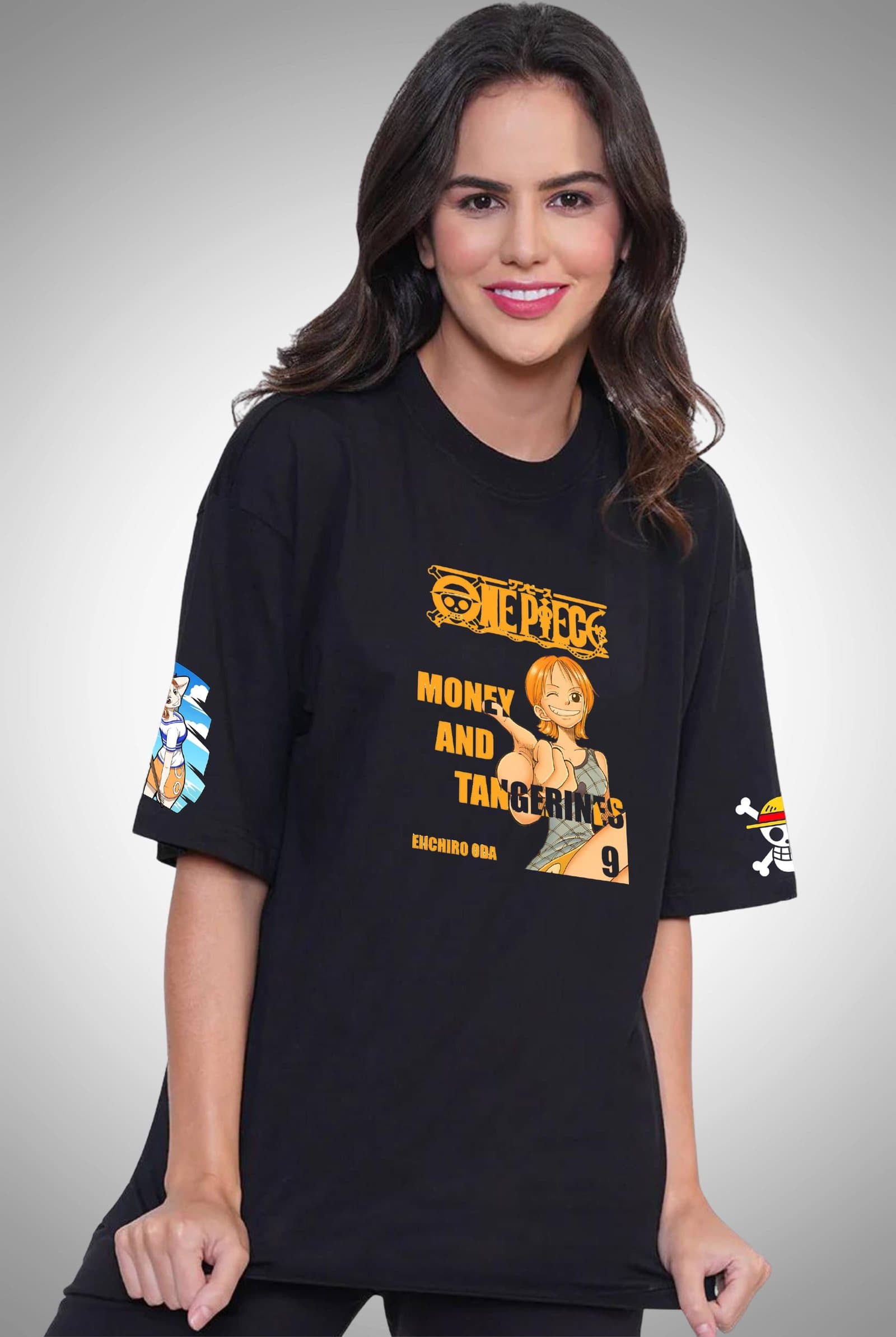 One Piece Nami Money and Tangerines Women's Black Oversized T-Shirt - photo 2 of 3