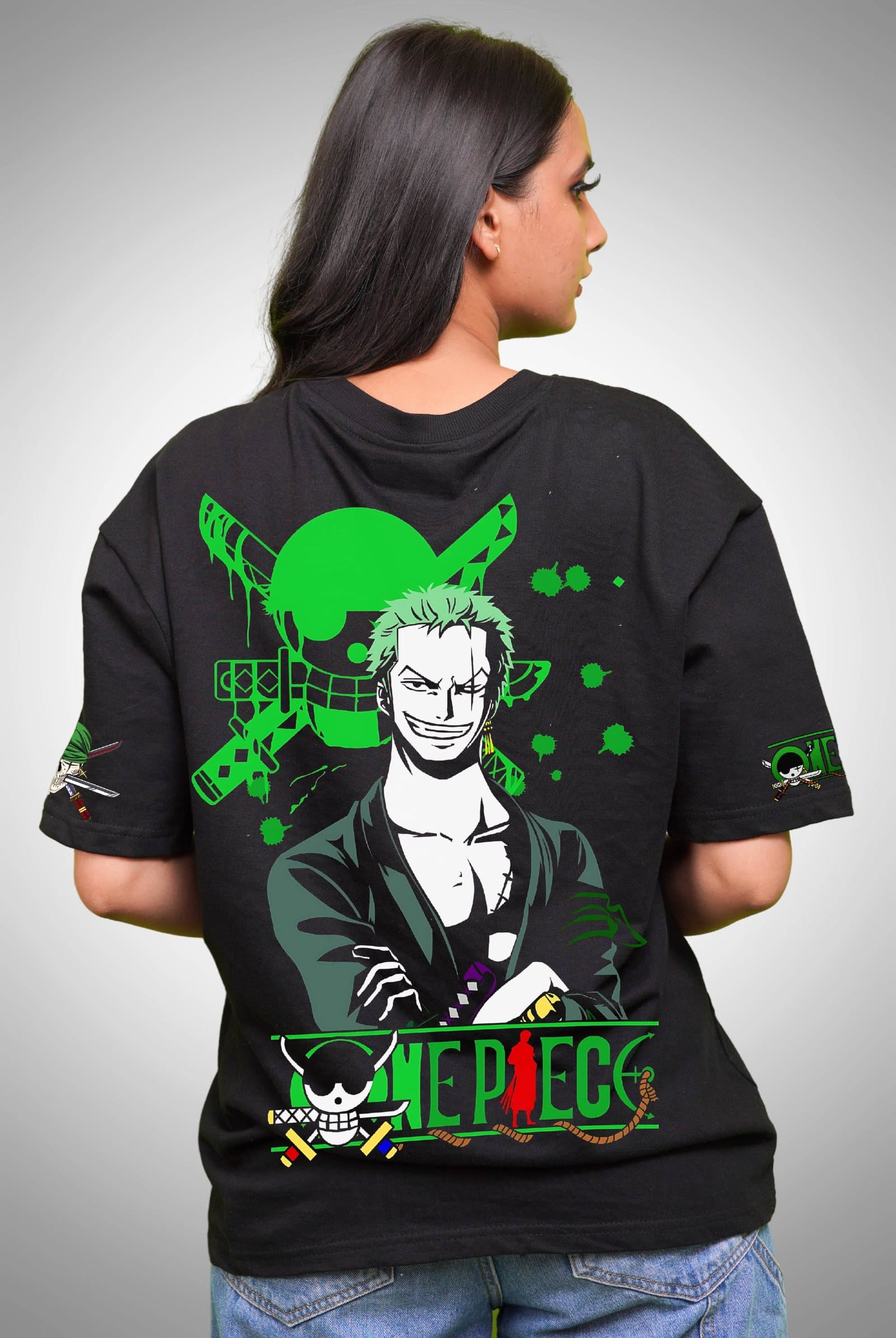 Black oversized t-shirt with Zoro and a green Jolly Roger printed on the back