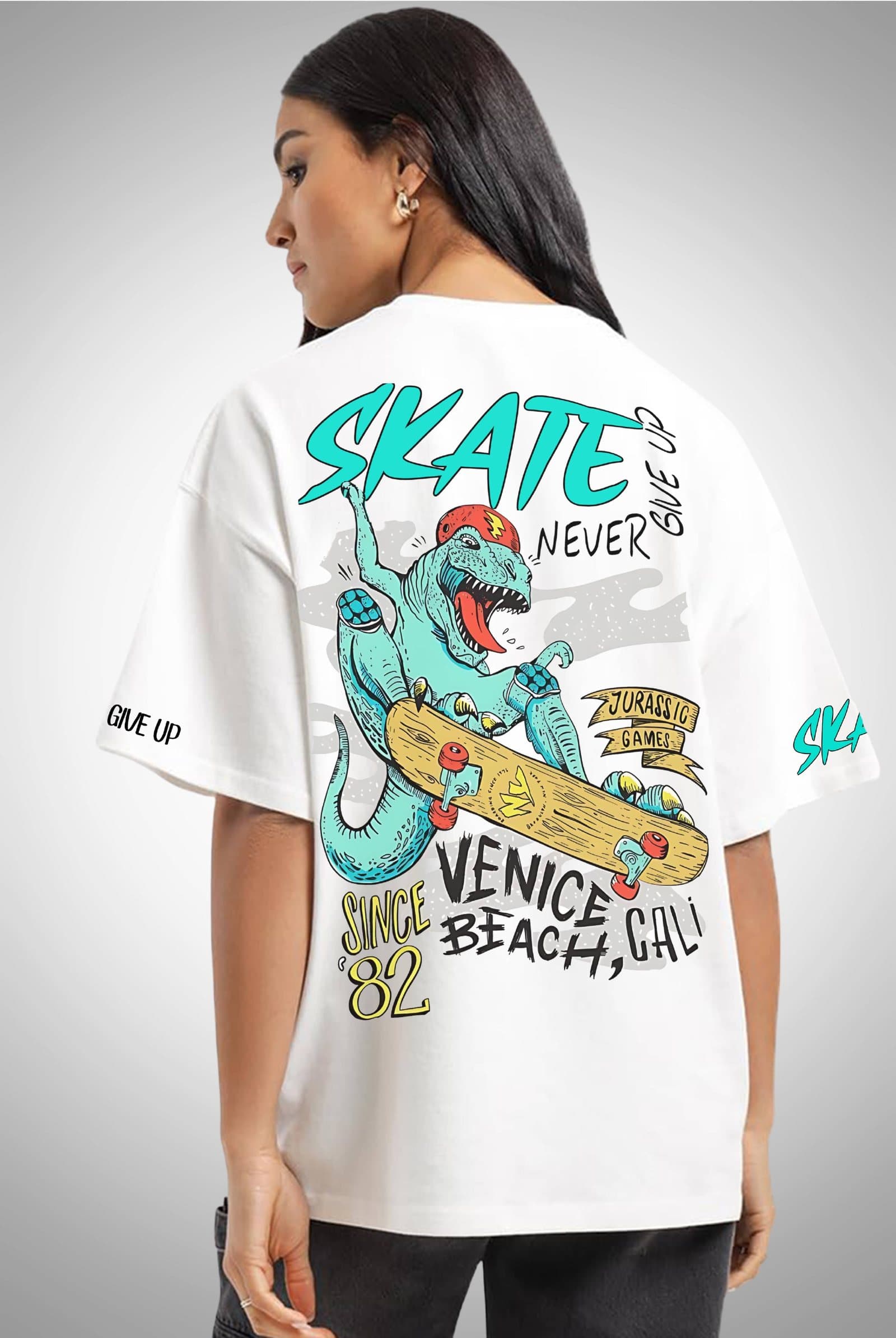 Skate Dino Venice Beach Women's White Oversized Streetwear T-Shirt