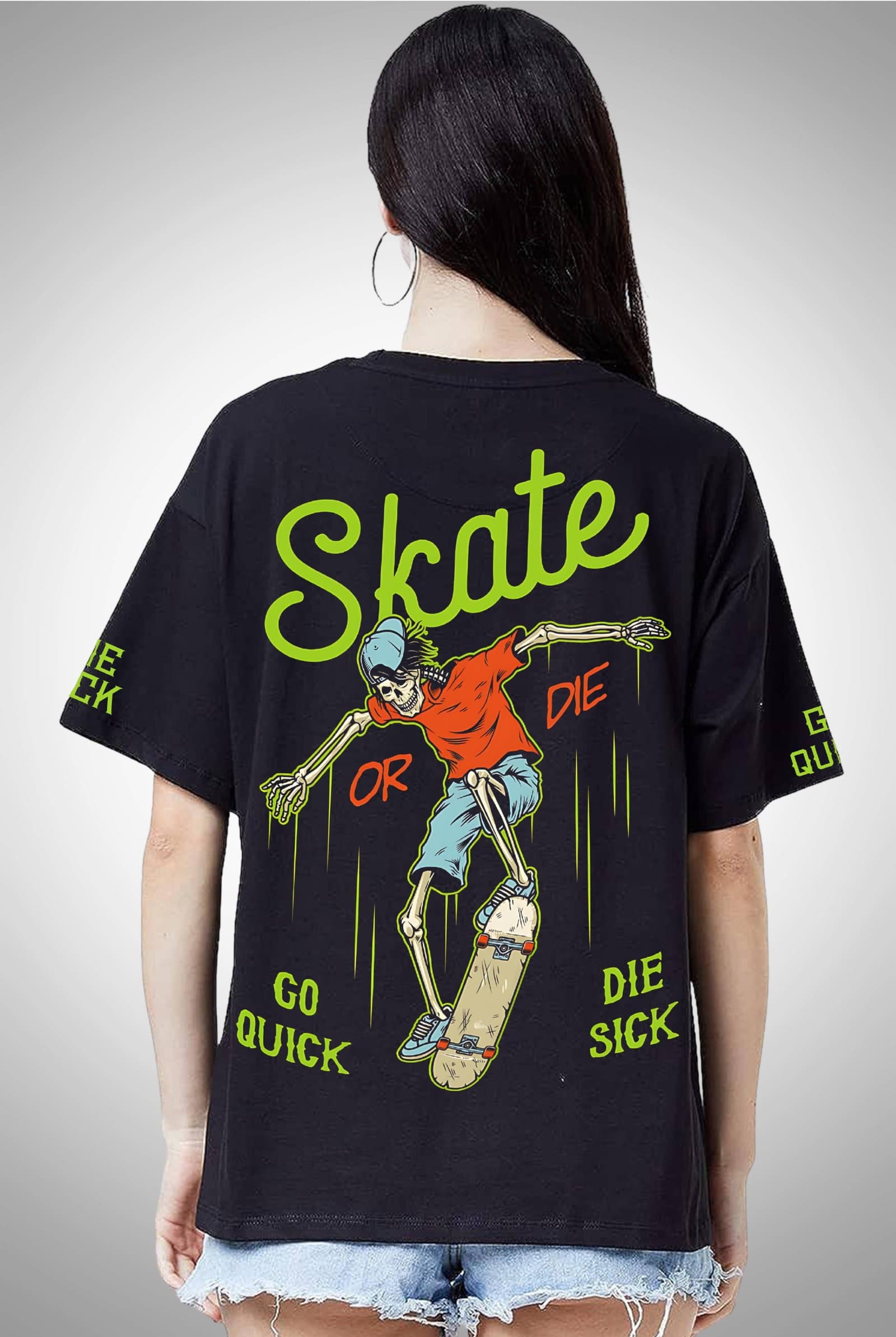 Skate Or Die Women's Black Oversized Streetwear T-Shirt