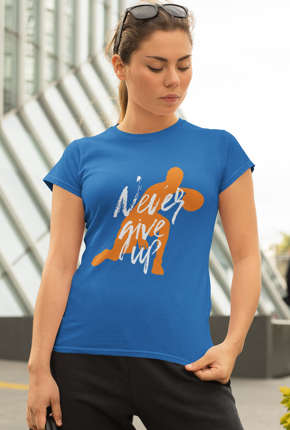 Never Give Up Women's Electric Blue Cotton T-Shirt