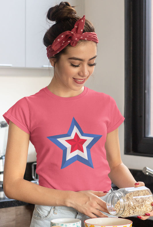 Blue White & Red Star Women's Peach Cotton T-Shirt