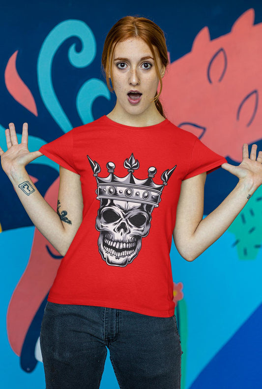 Skull Wear Crown Women's Scarlet Red Cotton T-Shirt