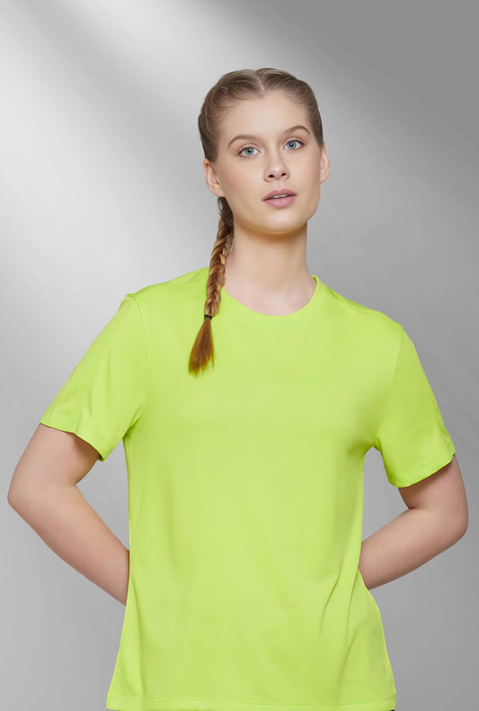 Women's Round Neck Greenish Yellow Active Wear T-Shirt