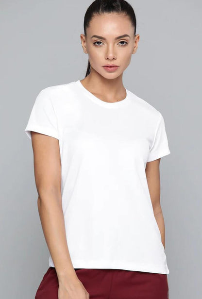 Women's Round Neck White Active Wear T-Shirt