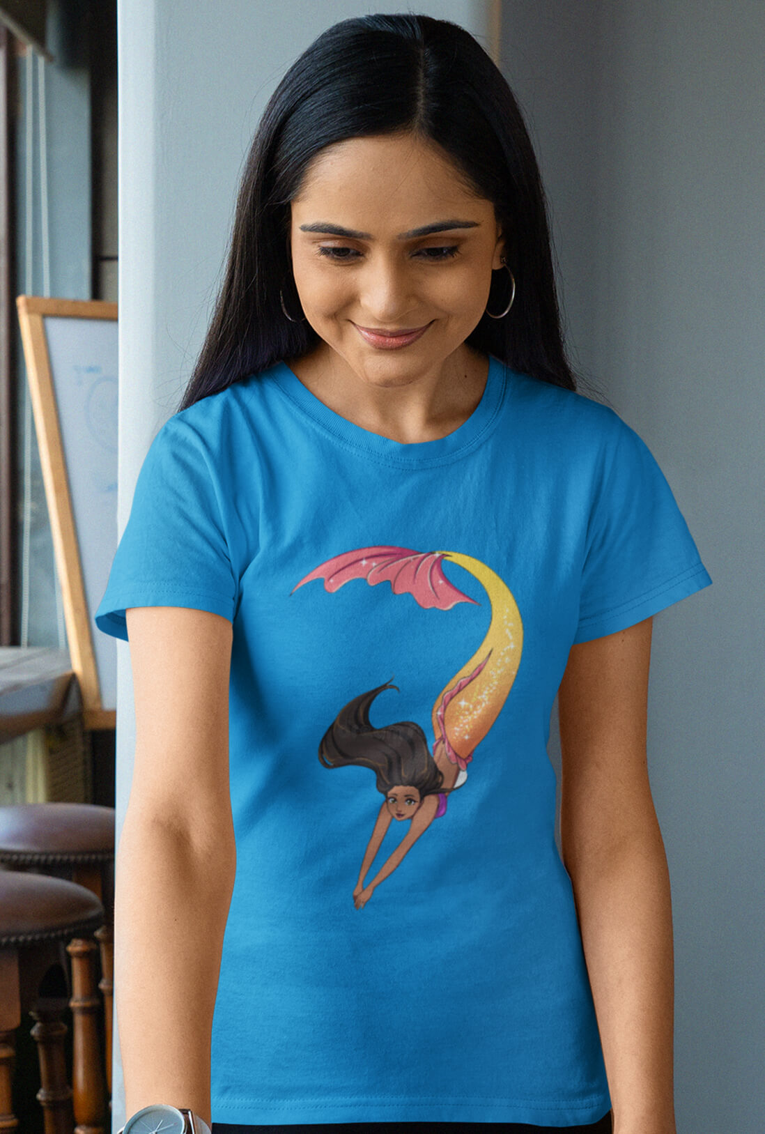 Mermaid Swimming Women's Electric Blue Cotton T-Shirt