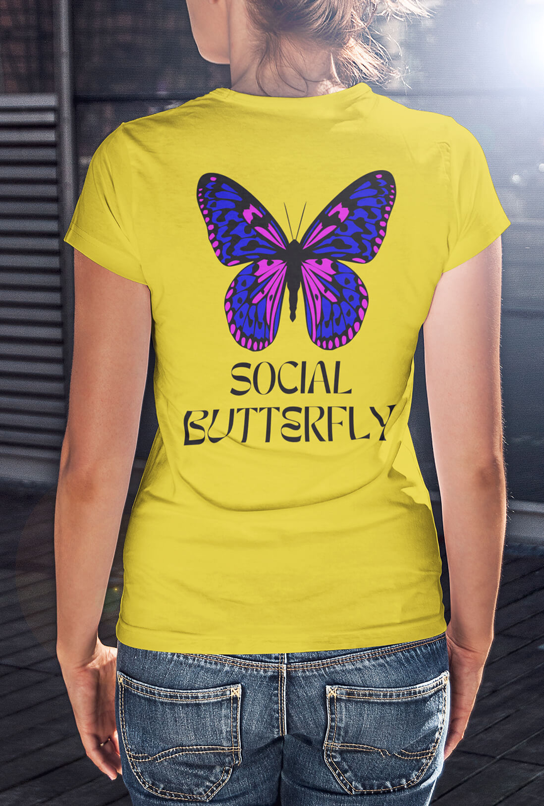 Social Butterfly Women's Back Print Cheerful Yellow T-Shirt