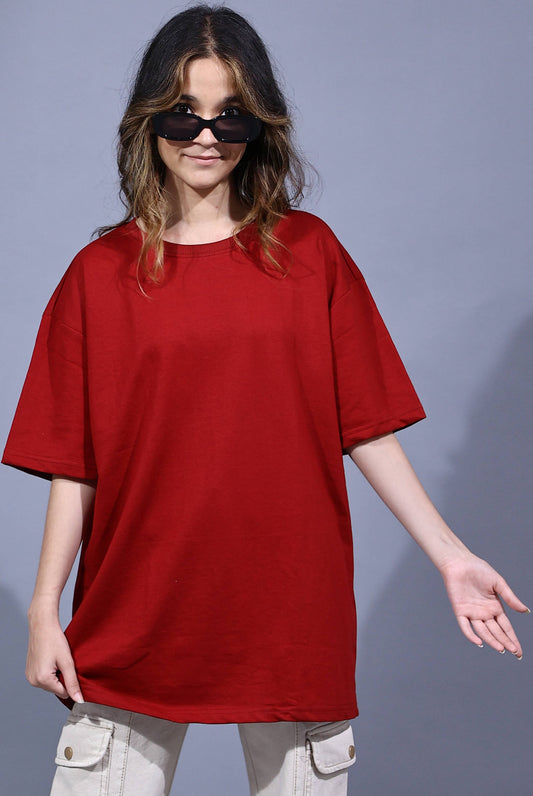 Women's Solid Maroon Oversized T-Shirt