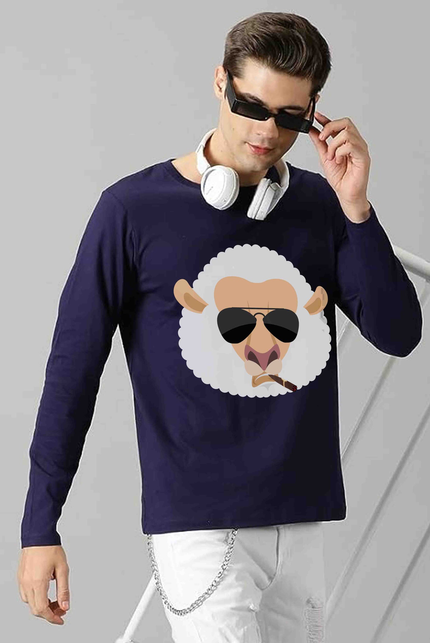 Sheep In Glasses Men's Full Sleeve Cotton T-Shirt