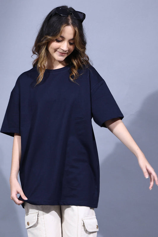 Women's Solid Navy Blue Oversized T-Shirt