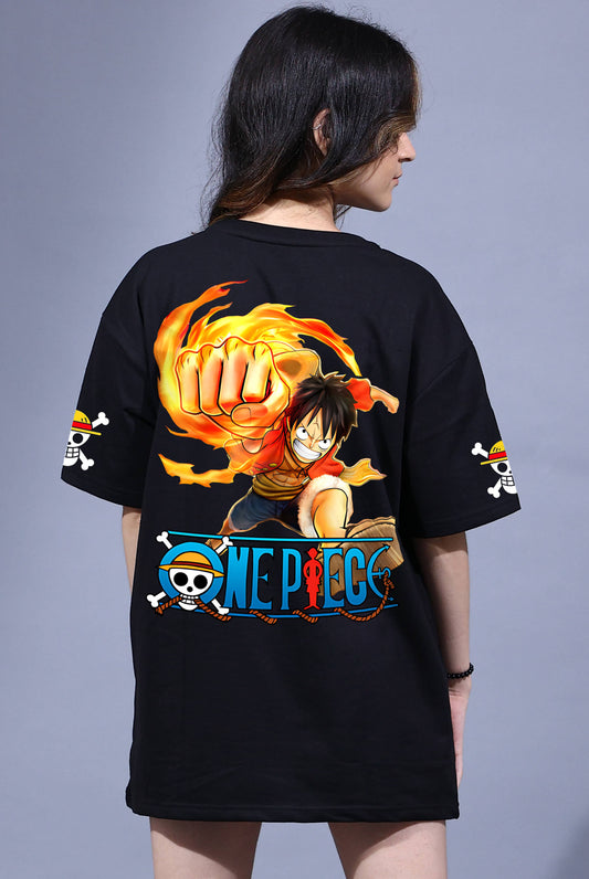 One Piece Luffy the Fire Women's Black Oversized T-Shirt