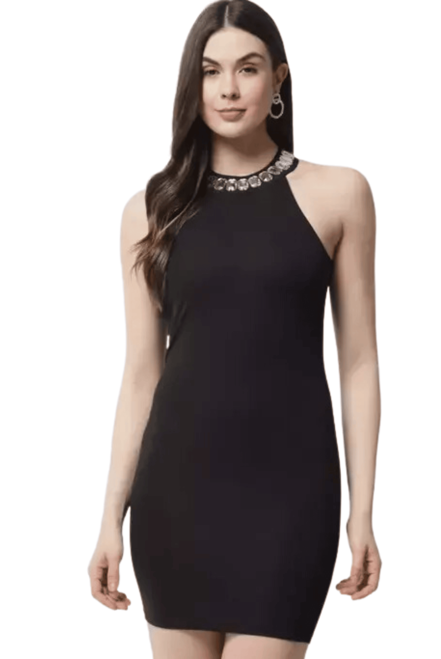 Womens Black Sleeveless Halter Neck Sheath Dress