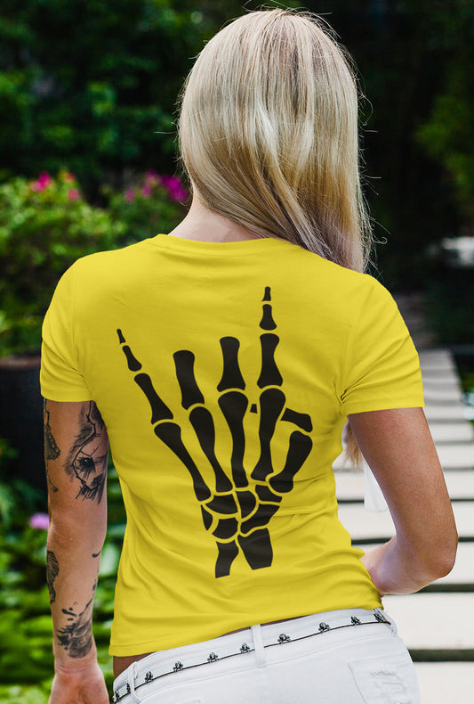 Skeleton Hand Women's Back Print Cheerful Yellow T-Shirt