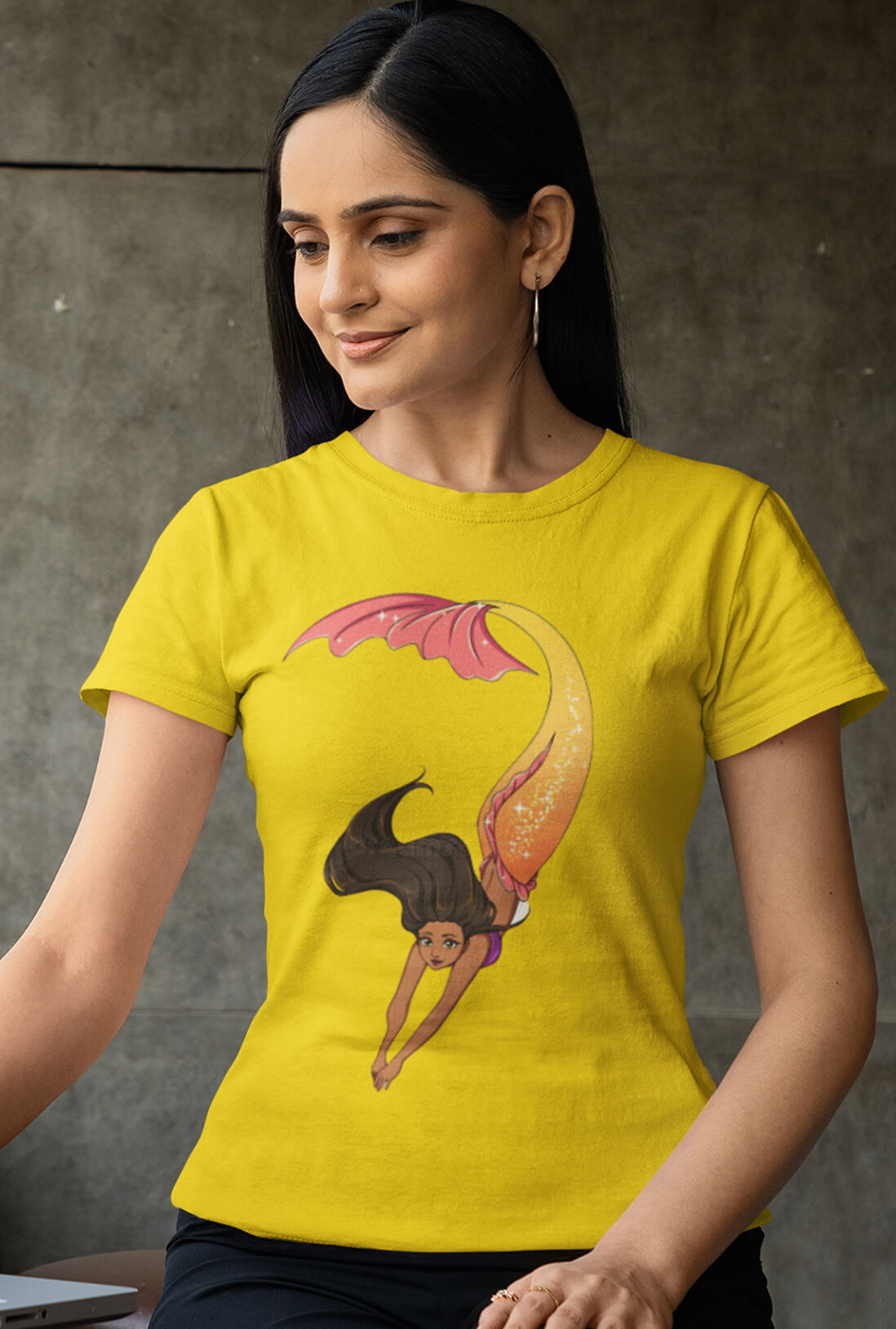 Mermaid Swimming Women's Cheerful Yellow Cotton T-Shirt