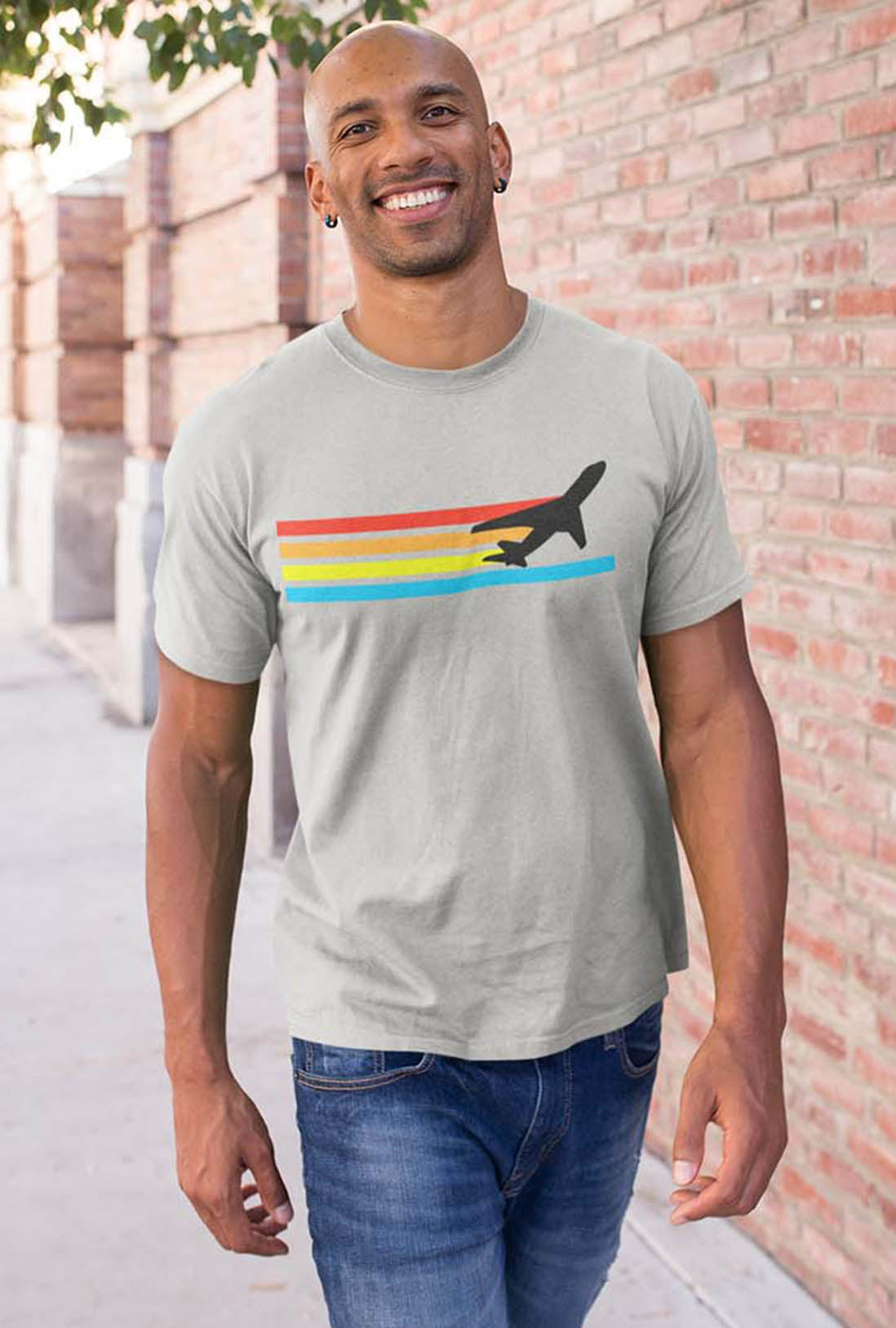 Colorful Stripes Of Plane Men's Grey Cotton T-Shirt