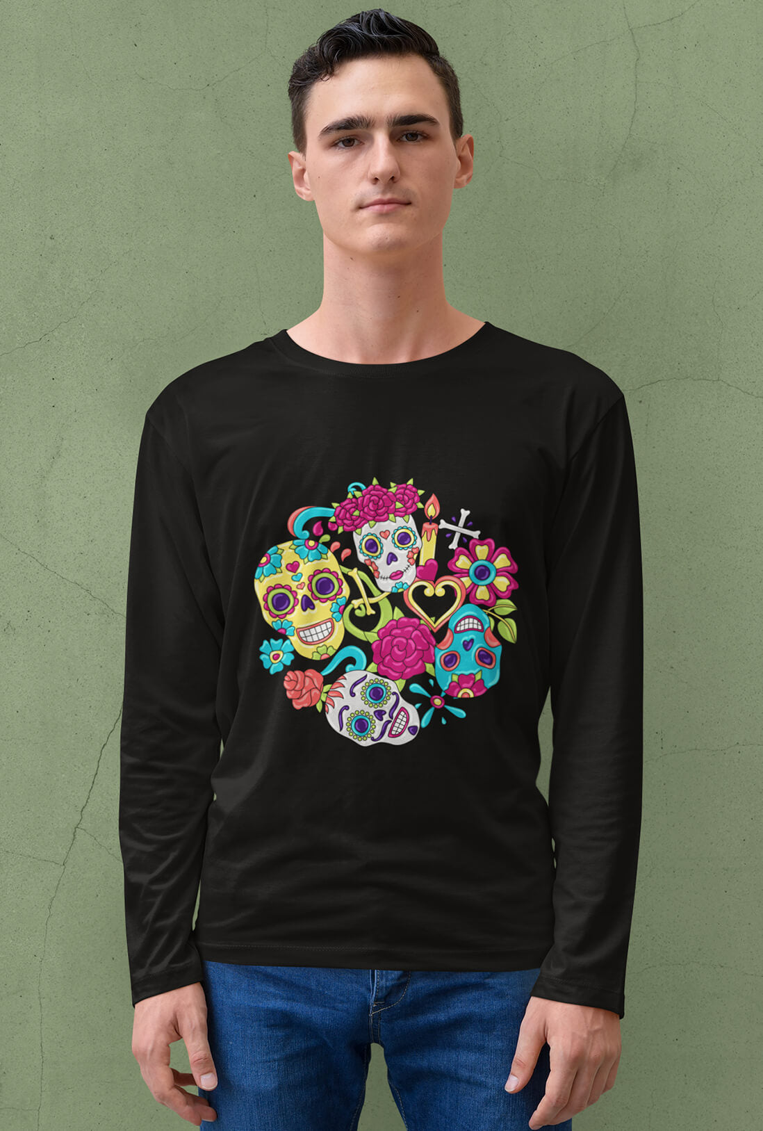 Sugar Skulls Design Men's Full Sleeve Cotton T-Shirt