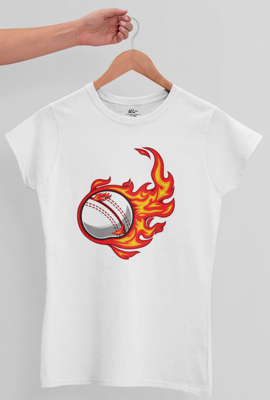 Cricket Ball On Fire Women's Cotton T-Shirt