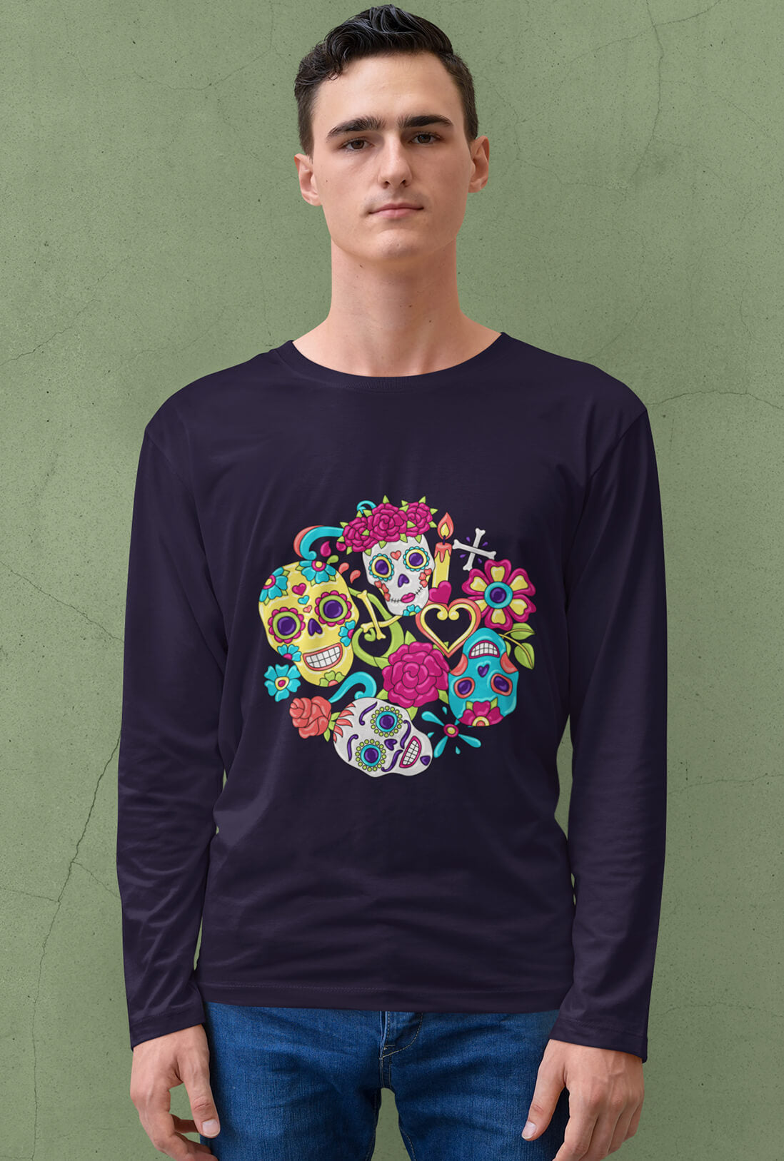 Sugar Skulls Design Men's Full Sleeve Cotton T-Shirt