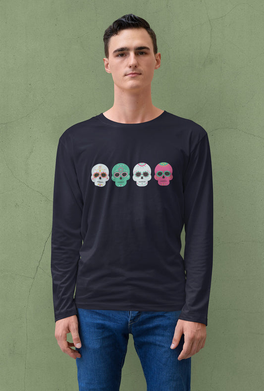 Four Colorful Skulls Men's Full Sleeve Cotton T-Shirt